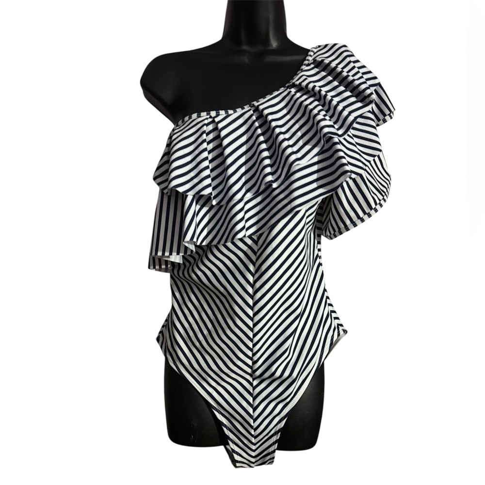 Striped One-Shoulder Ruffle Swim Suit - Size L